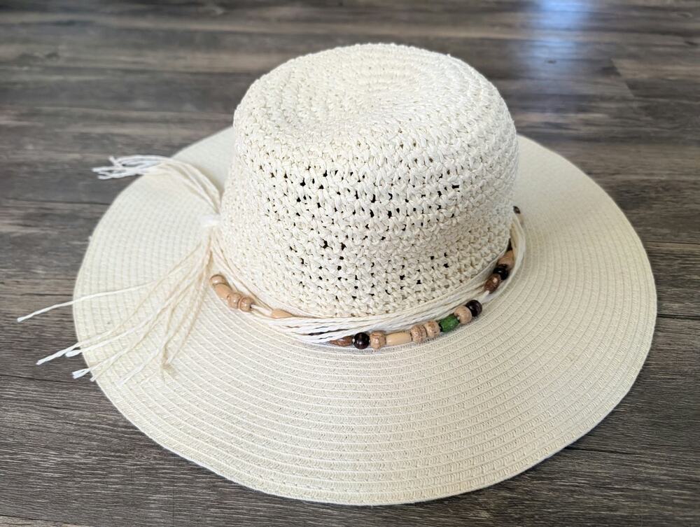 Shoe Shack Wide Brim Women’s Sun Beach Hat Beige With Beaded Band Boho Vacation
